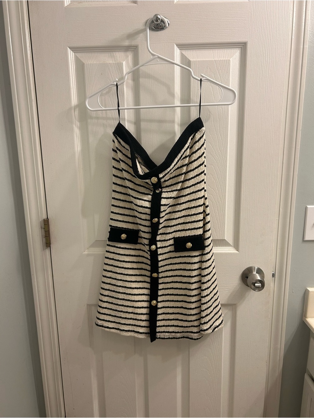 21 Saints Cream and Black Striped Knit Button Cardigan with Gold Buttons
